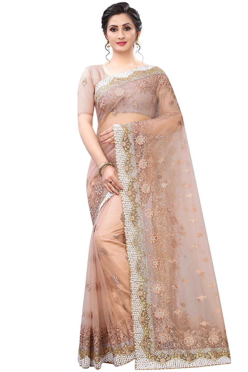 Net Party Wear Saree In Dusty Peach Color