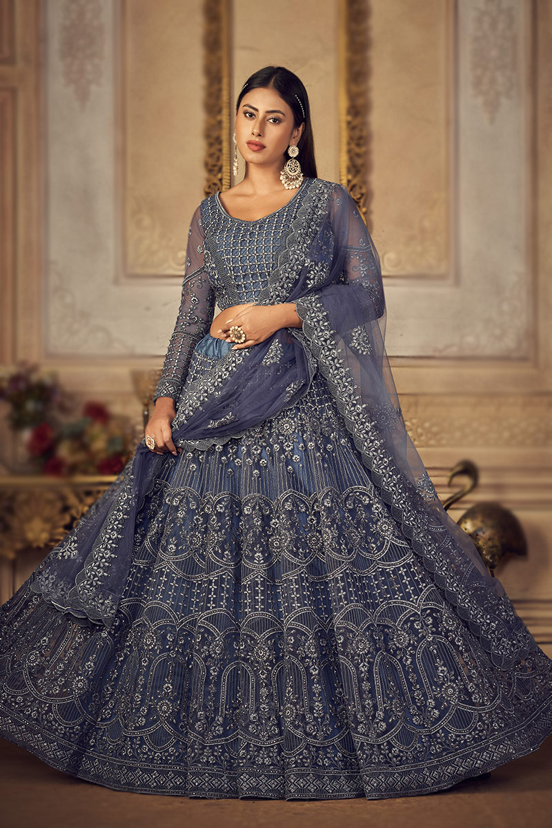 Net Pastel Dark Blue Dori Embroidered Panelled Style Lehenga 