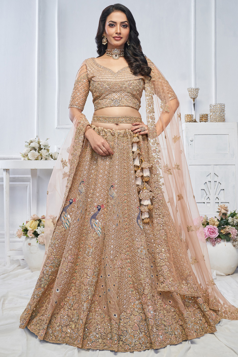 Net Peach Resham Embroidered Panelled Style Lehenga 