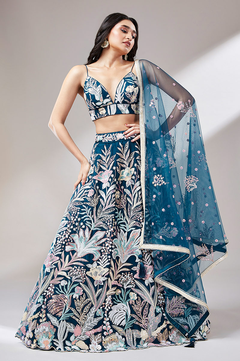 Net Peacock Blue Embroidered Panelled Style Lehenga