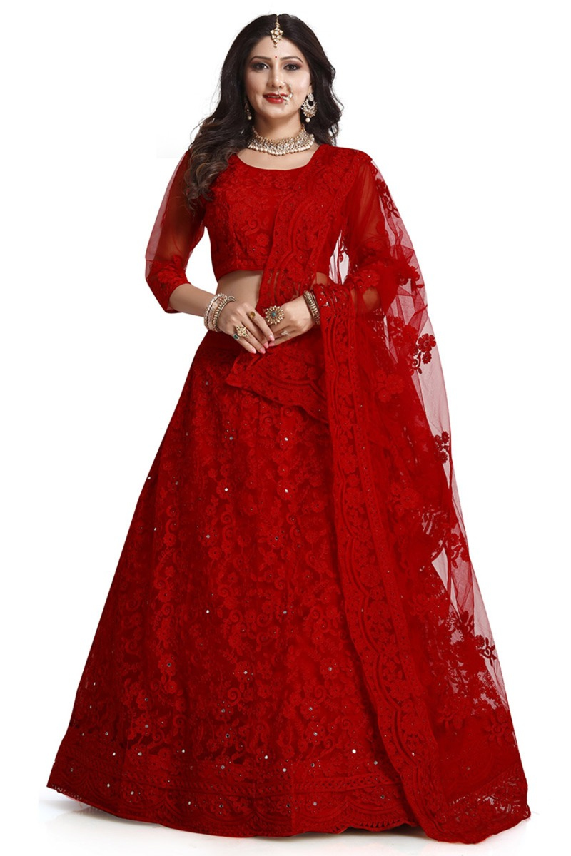 Net Red Stone Embellished Panelled Style Lehenga
