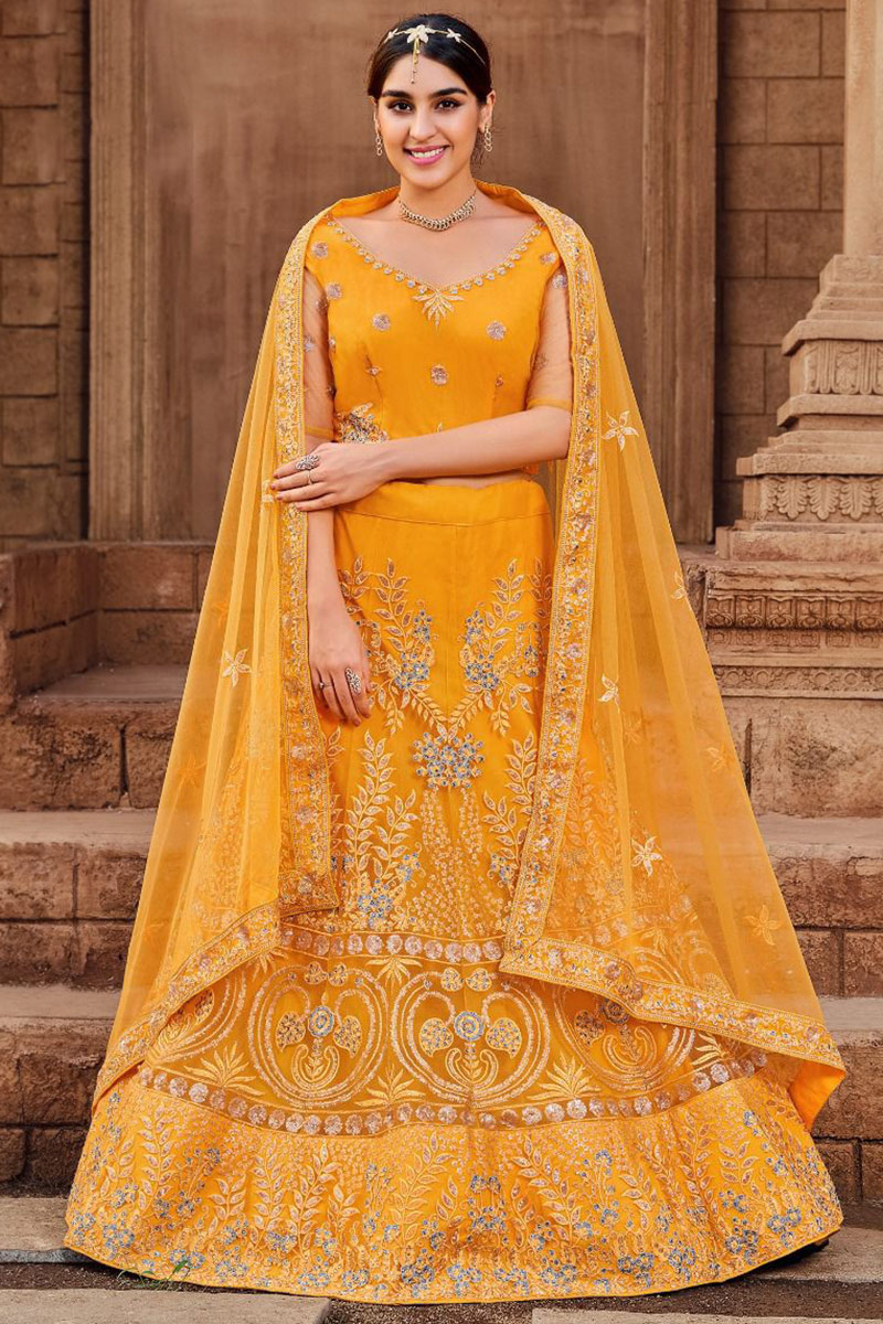 Net Resham Embroidered Mustard Yellow Panelled Style Lehenga