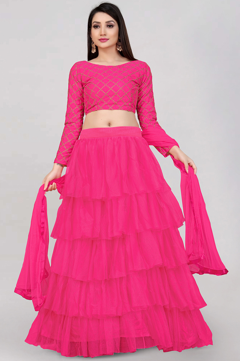 Net Rose Pink Zari Embroidered Layered Style Lehenga 