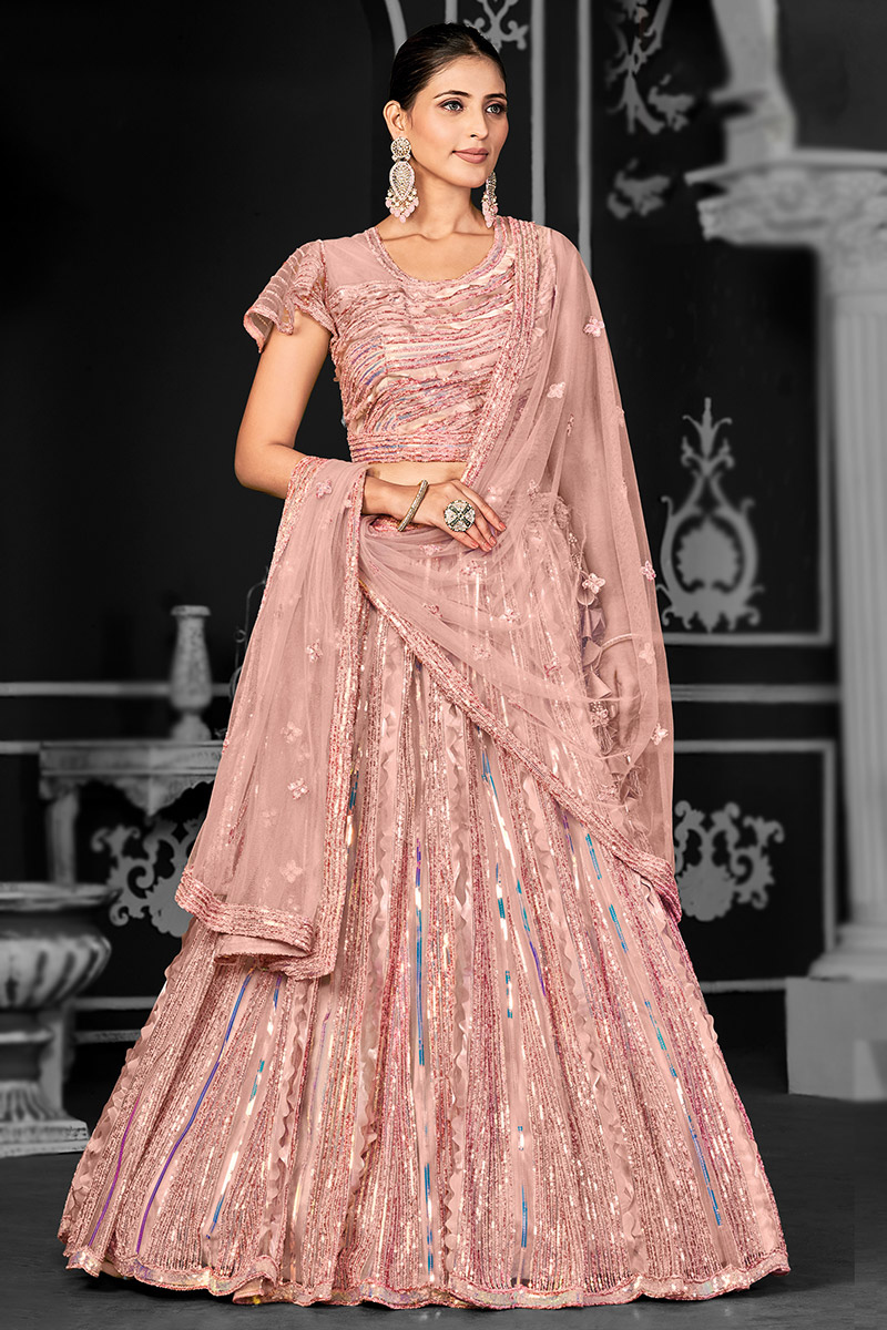 Net Salmon Peach Embroidered Flared Lehenga