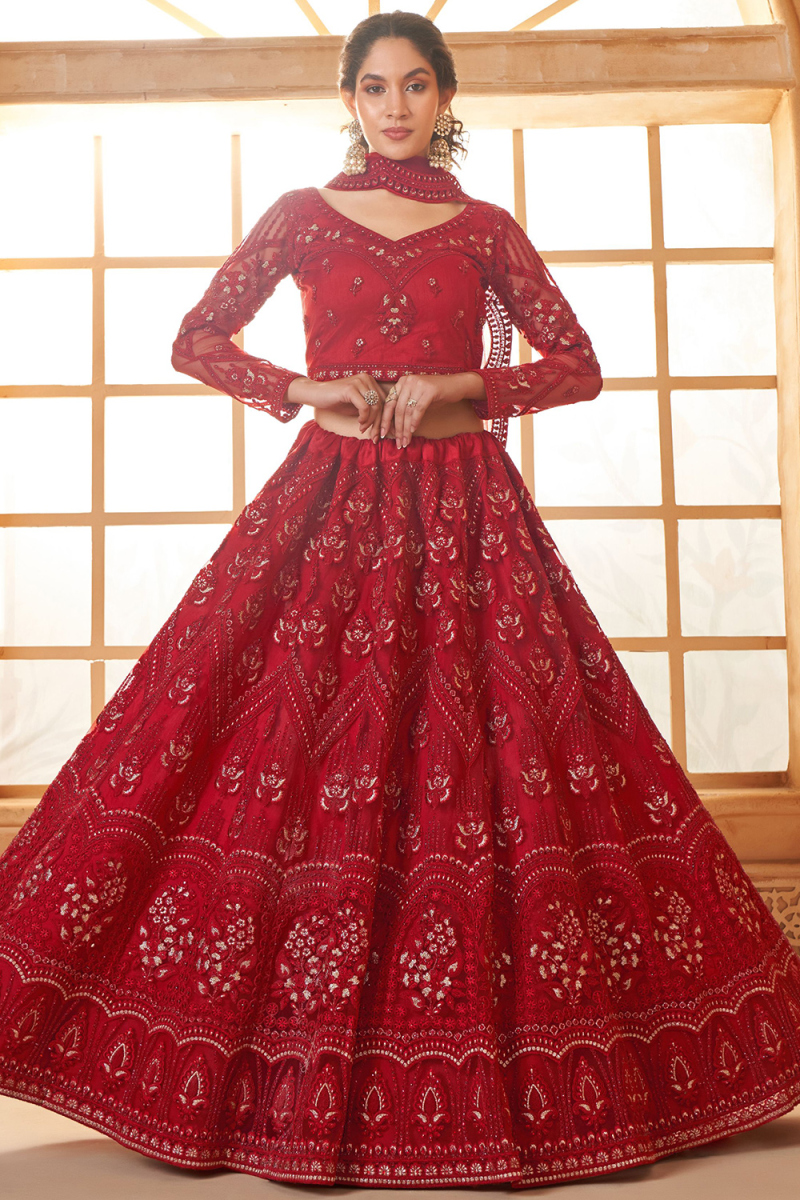 Net Stone Embellished Deep Red Panelled Style Lehenga