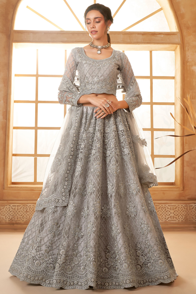 Net Stone Embellished Light Grey Panelled Style Lehenga