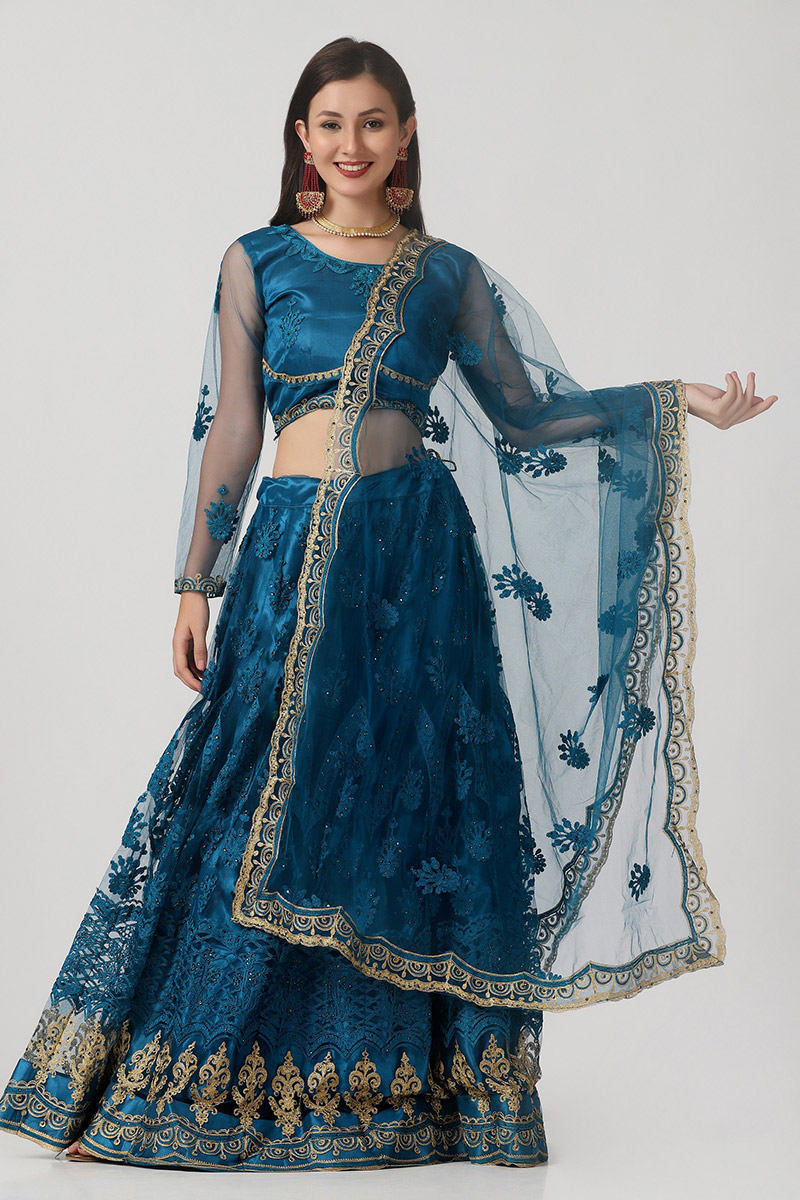 Net Teal Blue Embroidered Panelled Style Lehenga