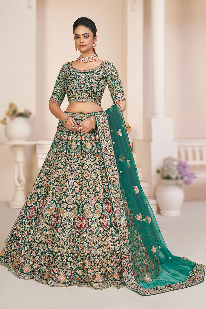 Net Teal Blue Sequins Embroidered Panelled Style Lehenga 