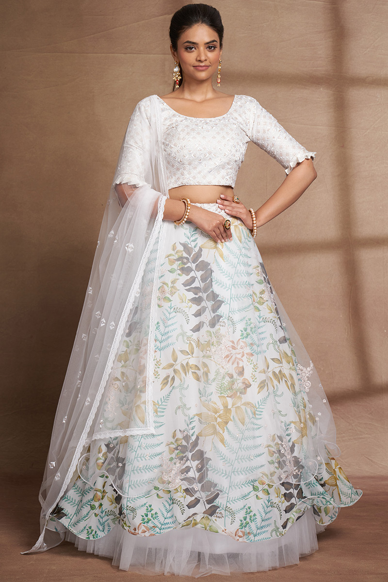 Net White Sequins Embroidered Flared Lehenga 