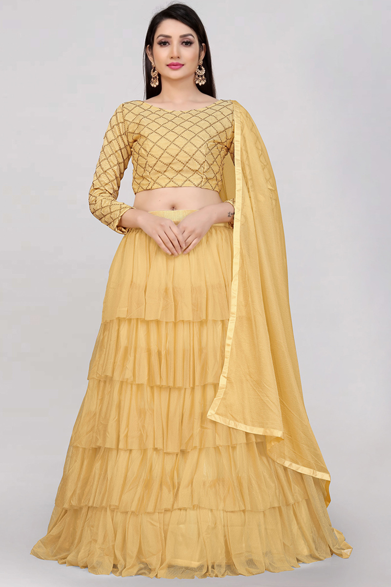 Net Yellow Zari Embroidered Layered Style Lehenga 