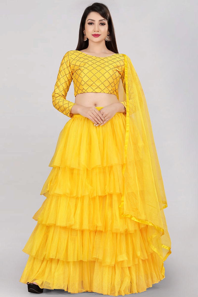Net Yellow Zari Embroidered Layered Style Lehenga Choli