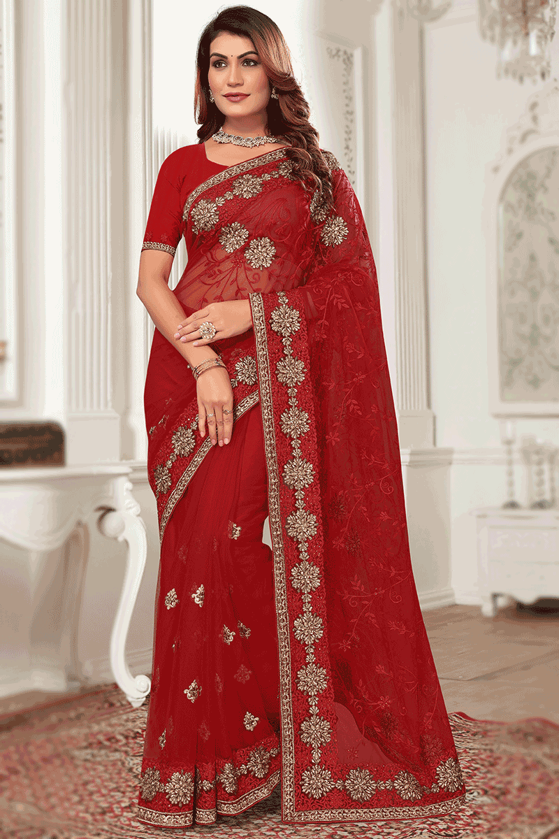 Net Zari Embroidered Deep Red Light Weight Saree
