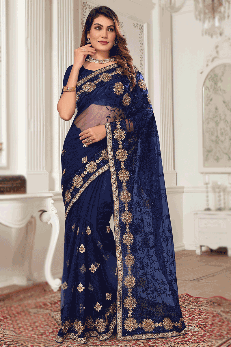 Net Zari Embroidered Navy Blue Light Weight Saree