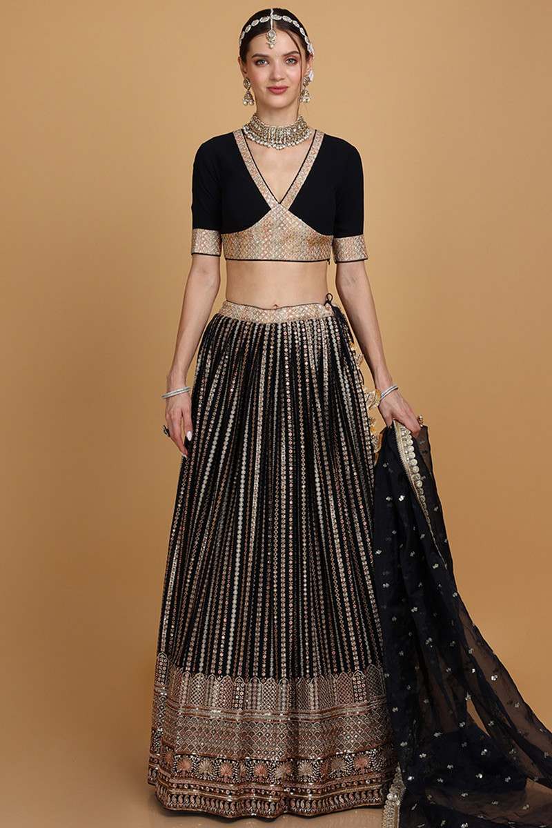 Buy Women Black And Gold Sequin And Zari Embroidered Lehenga Set With Blouse  And Dupatta - Leheng & Skirt - Indya