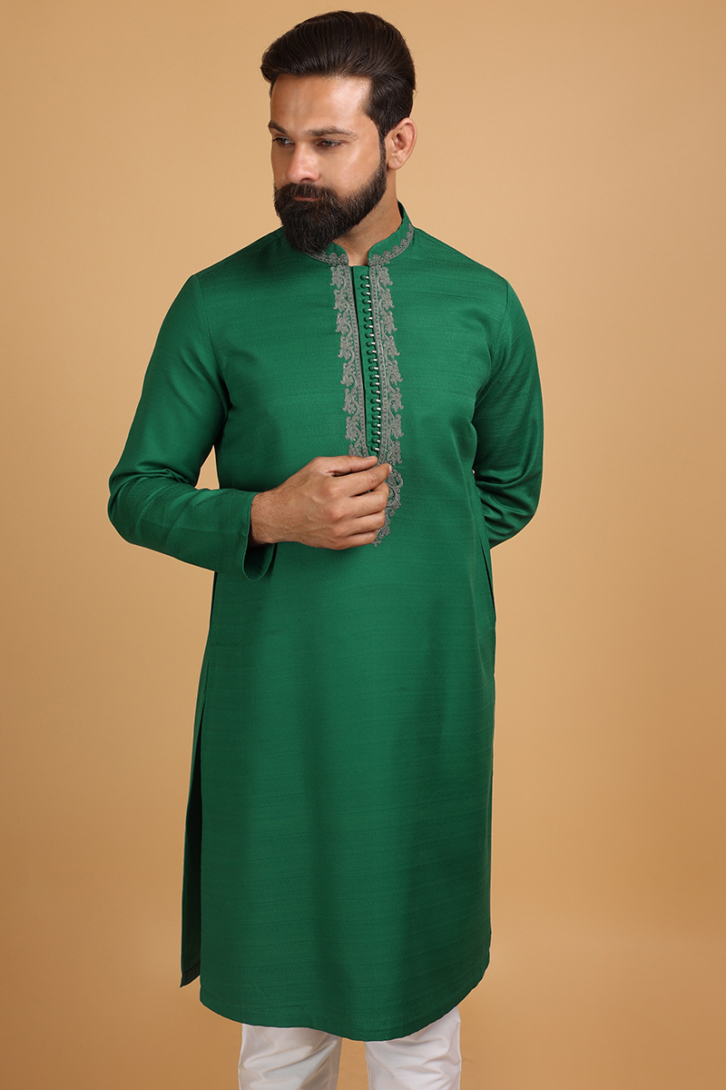 Online Fashion Men Kurta Pajama in Sea Green Embroidered Fabric MKPA04086