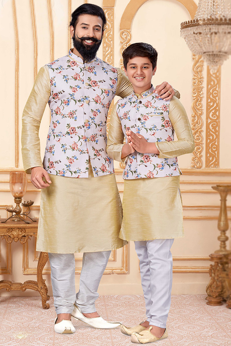 Oat Beige Dupion Silk Father & Son Jacket Style Kurta Churidar