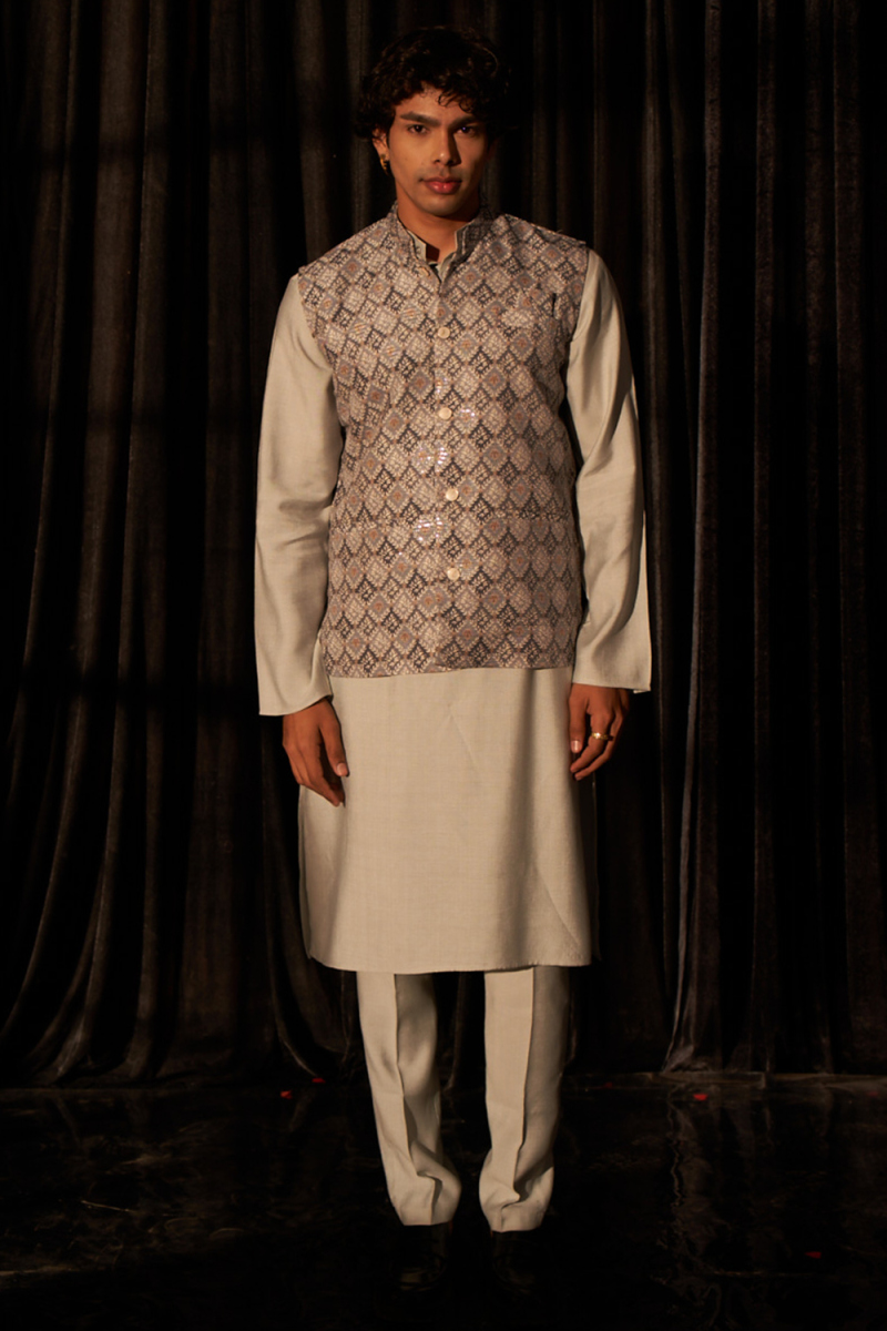Oat Beige Jacket Style Viscose Men's Plain Kurta Pajama 