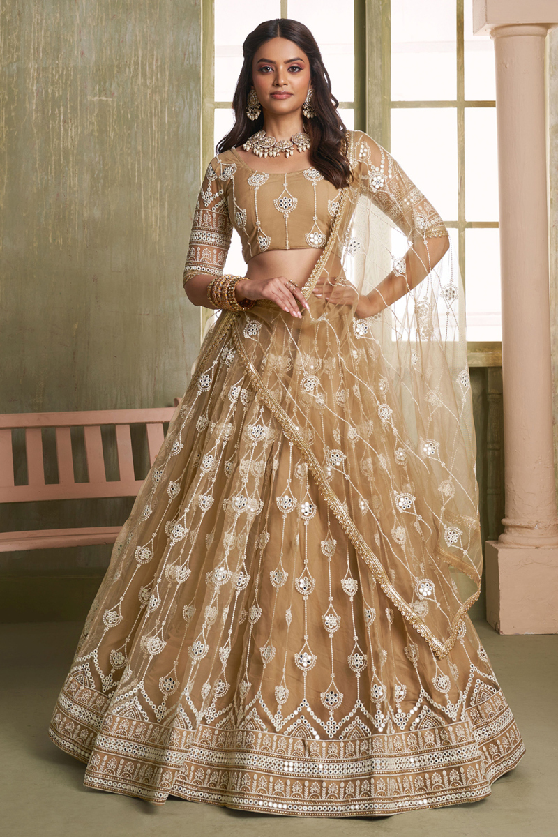 Oat Beige Net Embroidered Flared Style Lehenga 