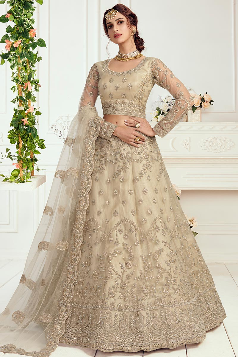 Oat Beige Net Embroidered Lehenga With Stone Work