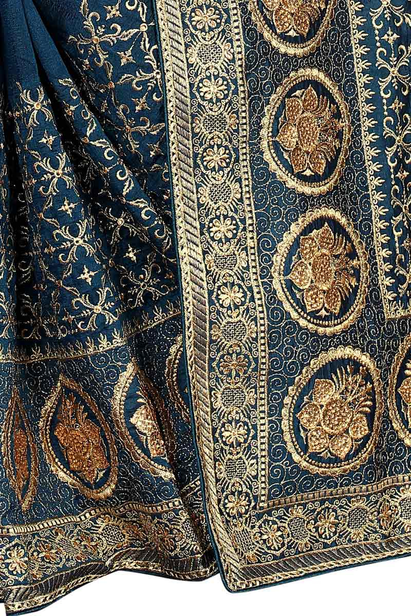 Teal Blue Woven Silk Saree with Navy Zari Peacock Border & Rich Brocade Pallu main image 0