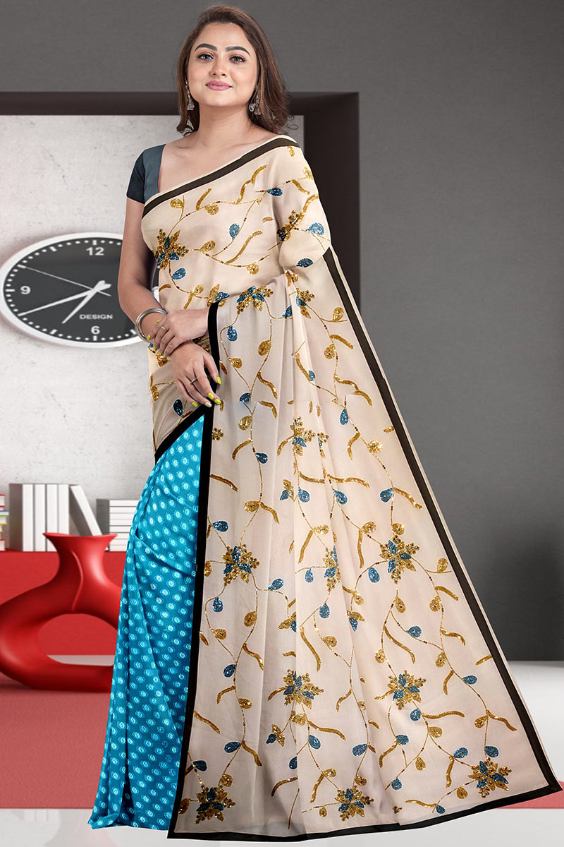 Buy Off White And Blue Silk Saree With Silk Blouse Online SARV08823 Andaaz Fashion