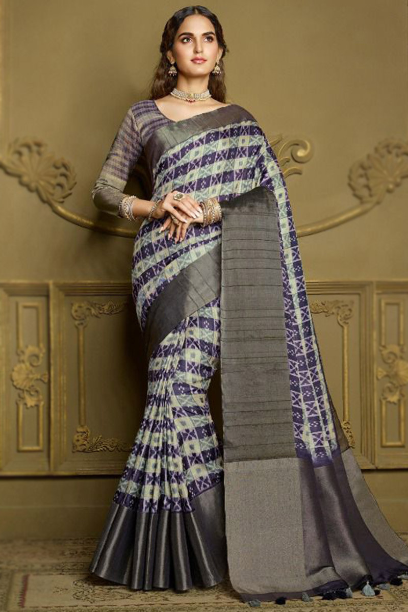 Shop White Tussar Silk Saree Online in USA with Purple Border and Pallu –  Pure Elegance