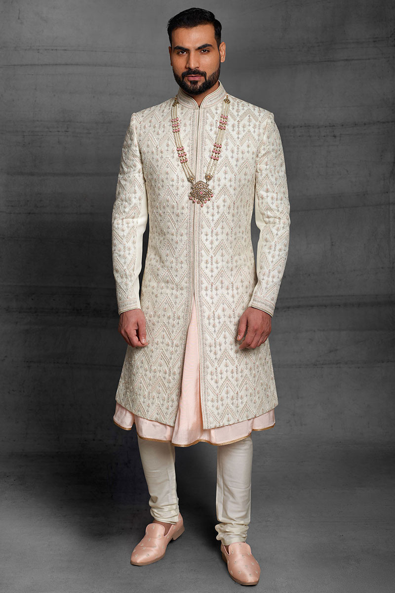 Cheap Fashion Men Sherwani in Off White Embroidered Fabric MSTV0499