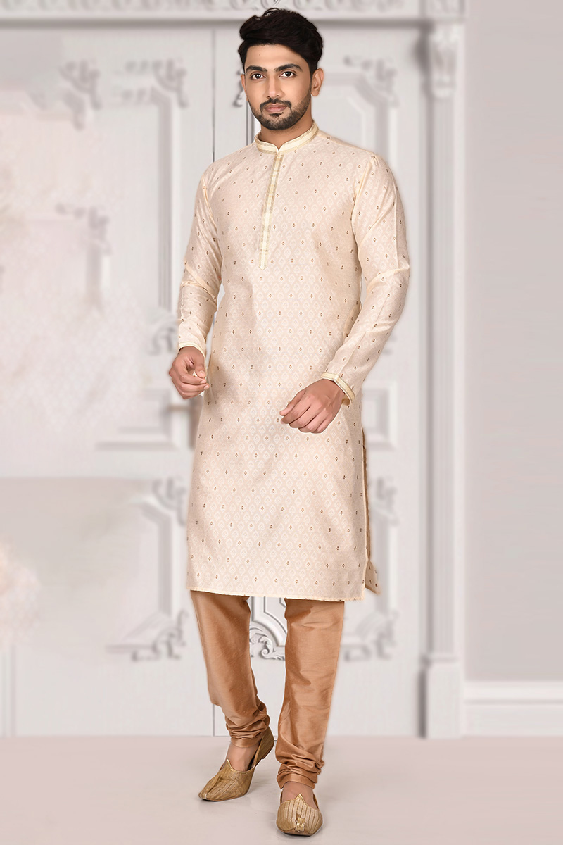 Off White Brocade Men Kurta With Churidar