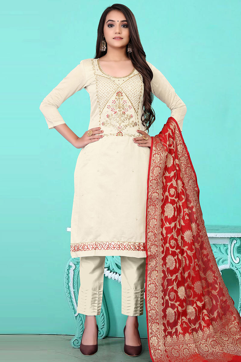 Ivory Chanderi Cotton Trouser Suit