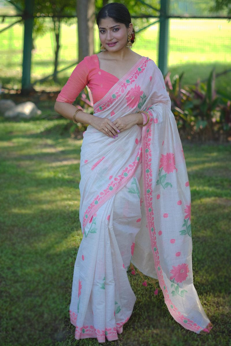 Off White Cotton Light Weight Weaved Saree