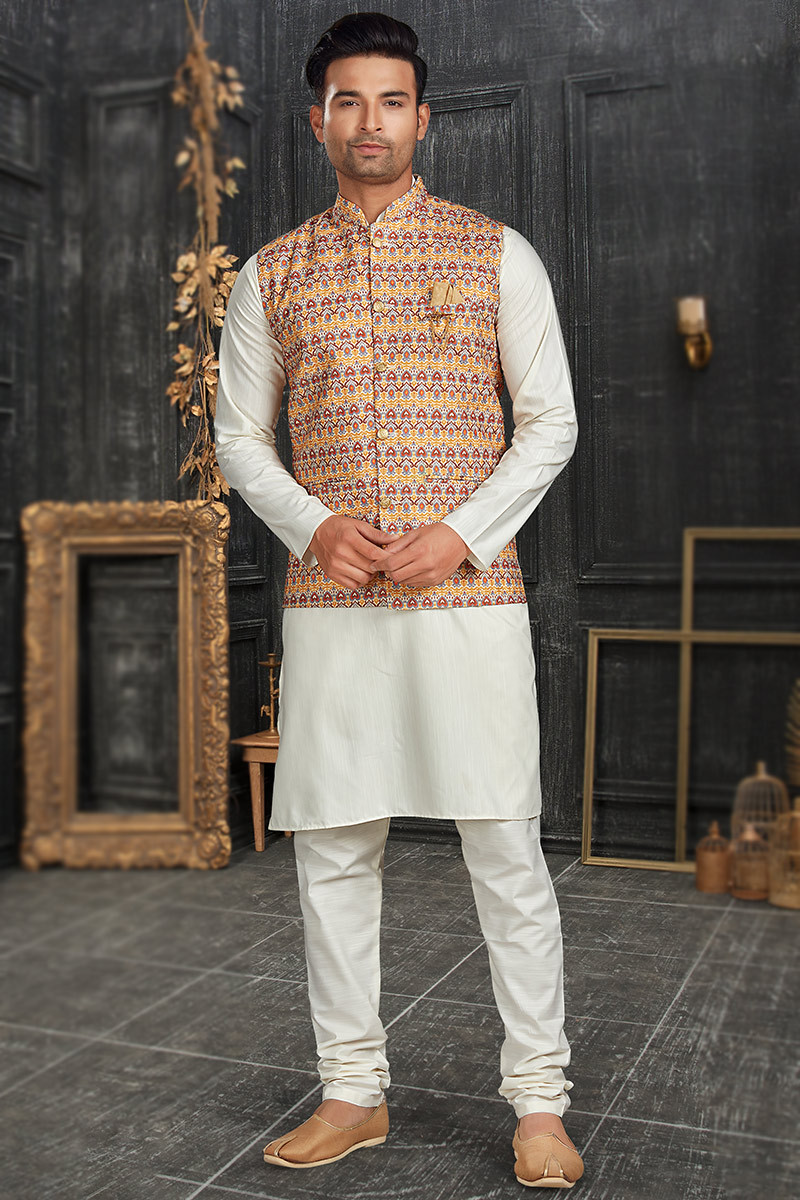 Off white kurta with waistcoat outlet