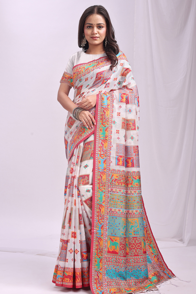 Off White Cotton Saree With Weaved Thread Work