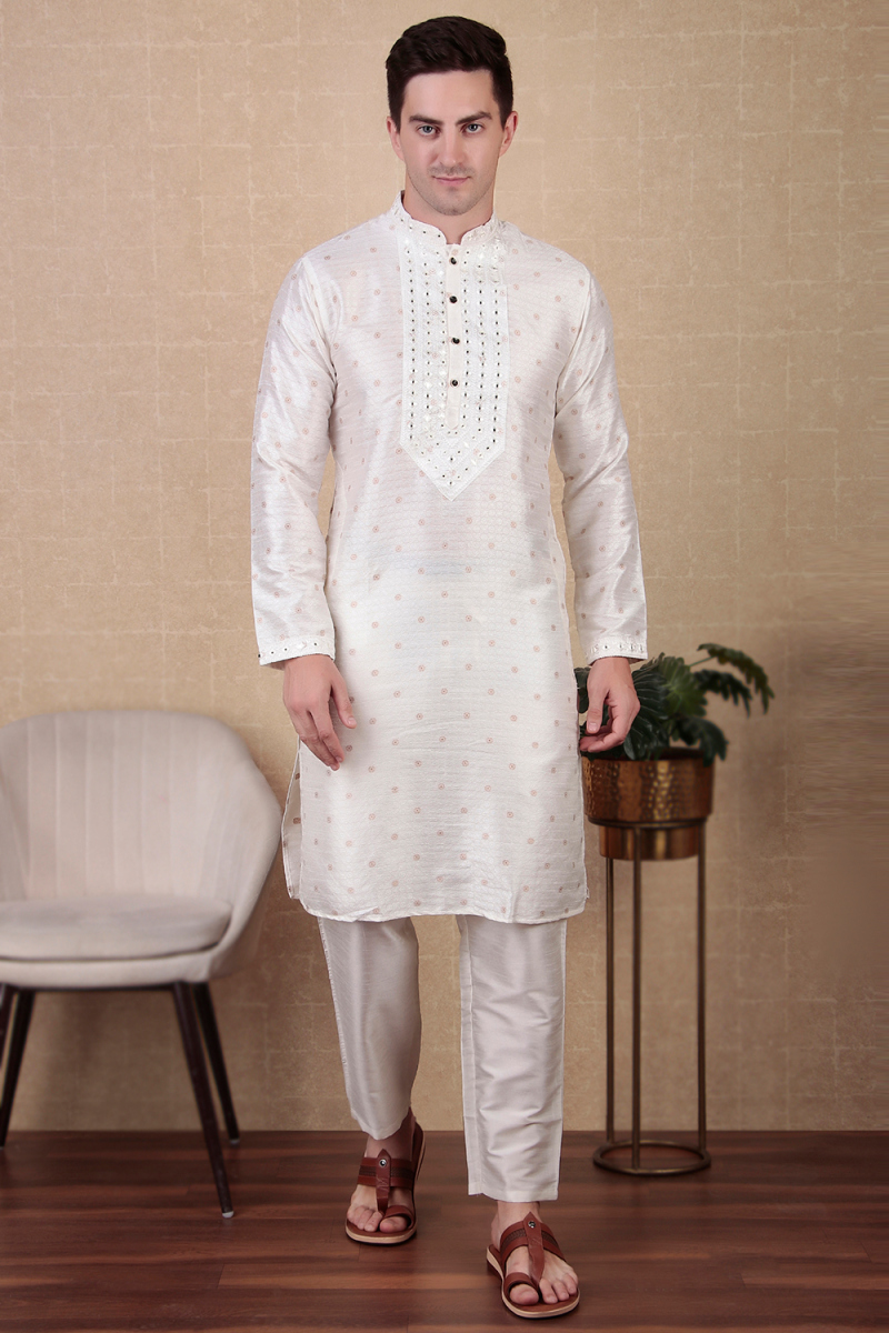 Off White Dupion Silk Embroidered Straight Cut Men's Kurta Pajama