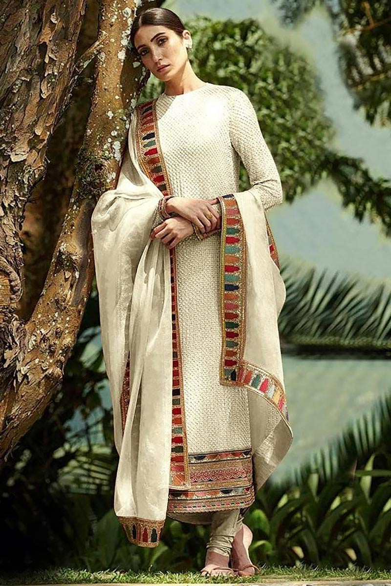Off White Georgette Embroidered Churidar Suit