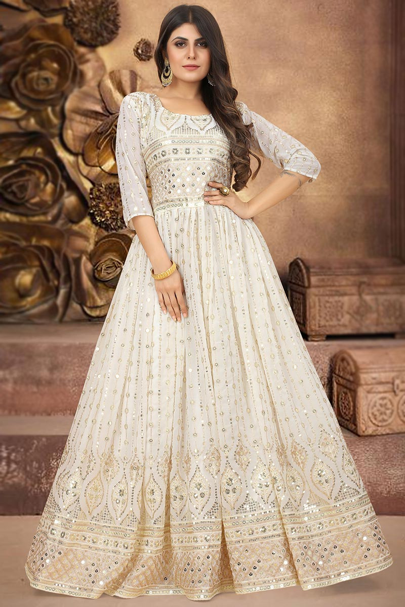 Off White Georgette Embroidered Gown LSTV118343