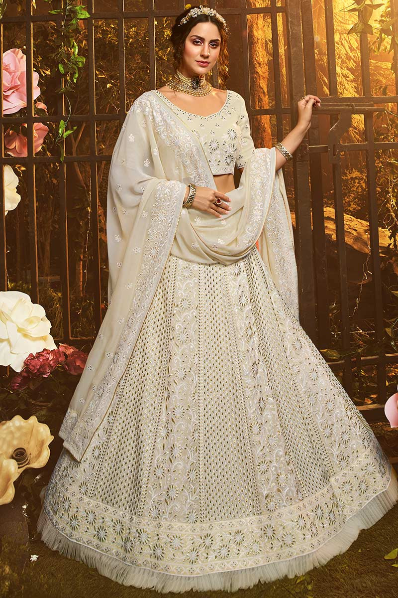 Buy Ivory White Lehenga Choli In Raw Silk With Colorful Resham And Cut Dana  Embroidered Summertime Flowers And Heritage Motifs Online - Kalki Fashion