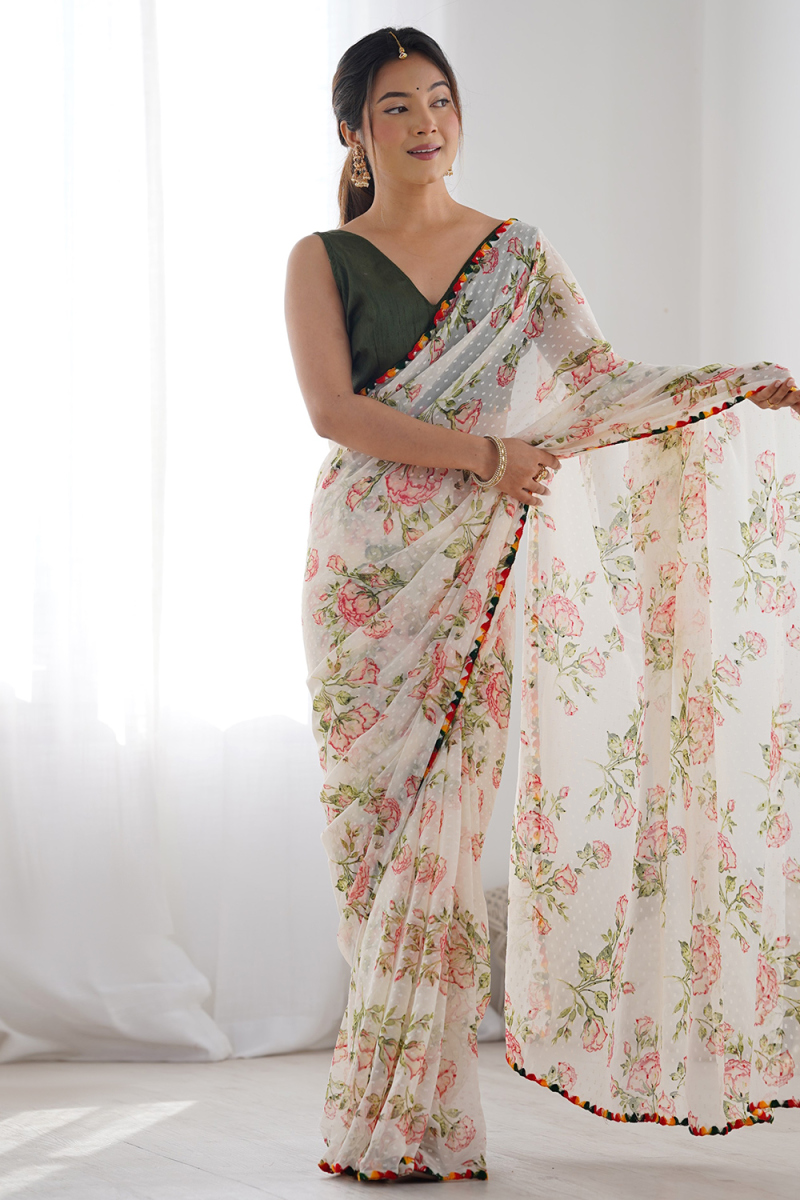 Off White Georgette Printed Saree With Moss Green Blouse