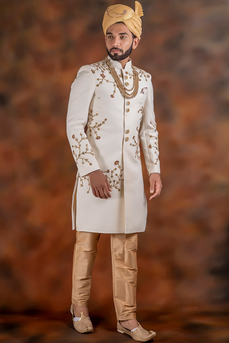 Men Sherwani Jacquard Ivory with Sequins Work for Wedding 