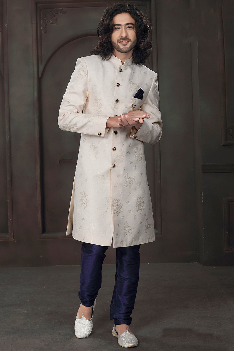 Off White Jacquard Woven Men Sherwani