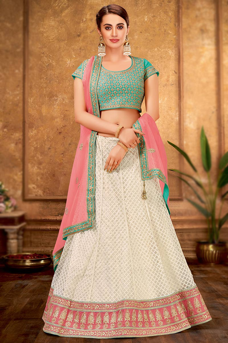 Off White Net Embroidered Lehenga