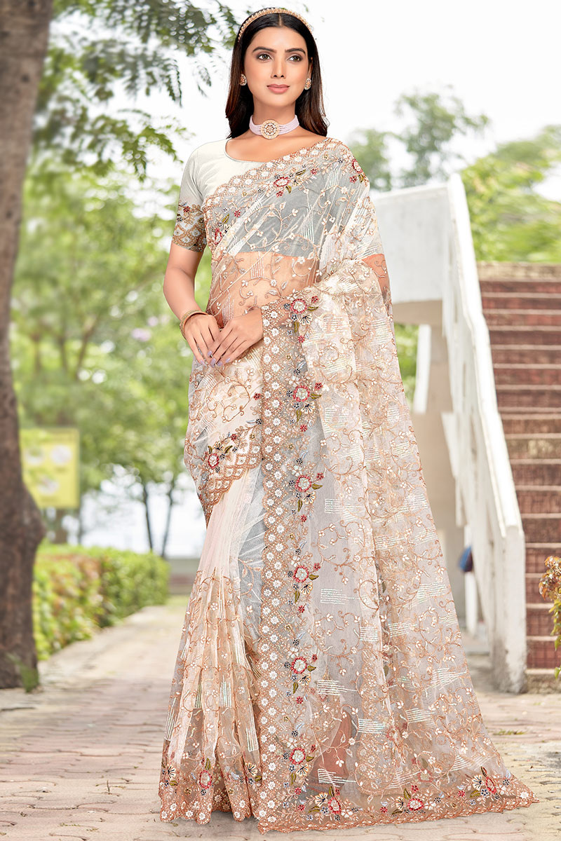 Off white online embroidered net saree