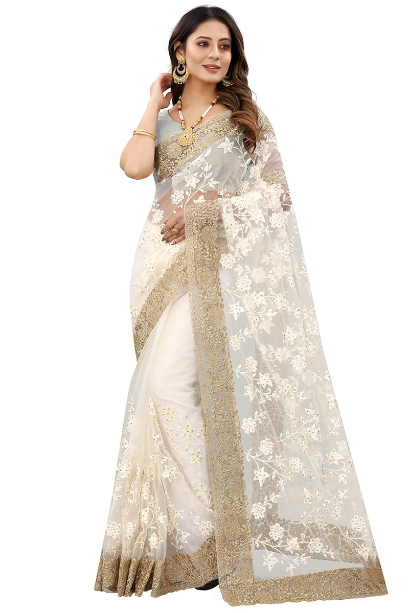 Ivory Net Resham Embroidered Saree