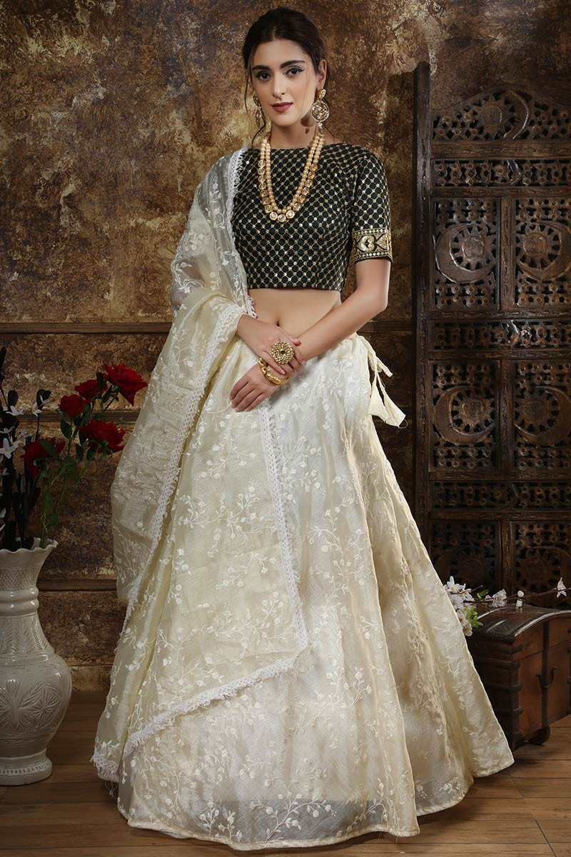 Buy Off White Organza Lehenga With Taffeta Satin Choli Online