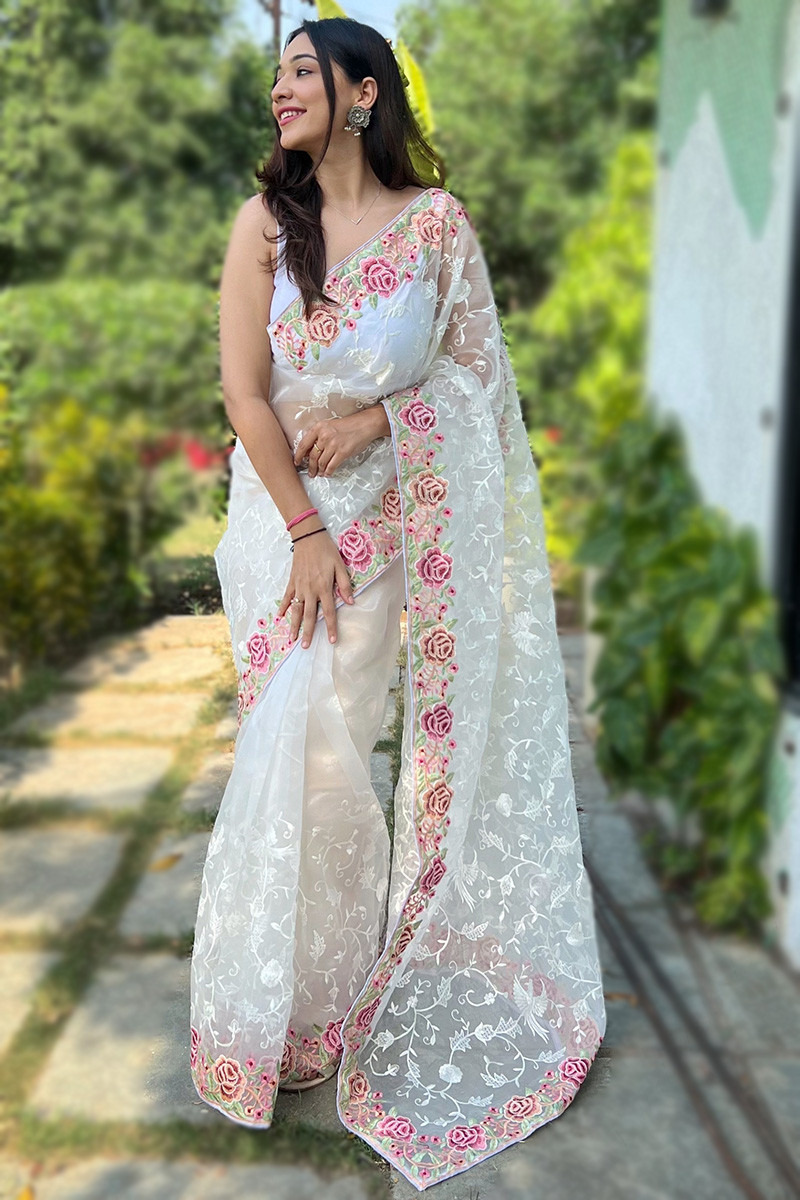 Off White Organza Resham Embroidered Saree SARV157100
