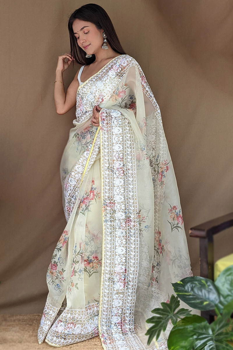 Off White Georgette Chikankari Embroidered Saree|SARV158065