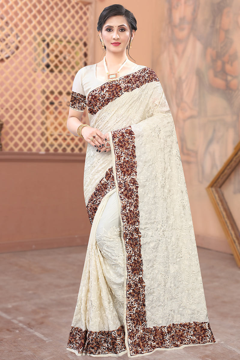 Buy Pearl White Saree In Georgette With Stones And Lucknowi Resham  Embroidered Paisley Jaal Online - Kalki Fashion