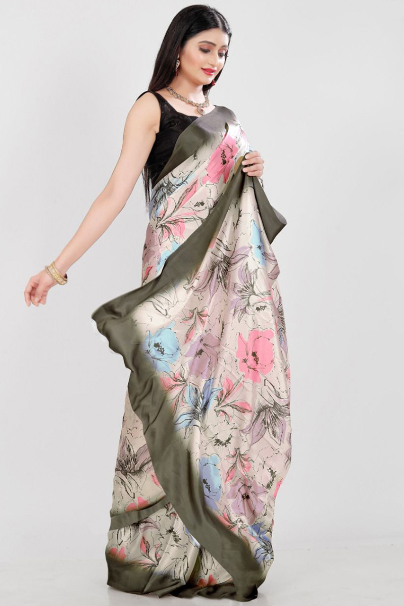 Off White Satin Printed Saree