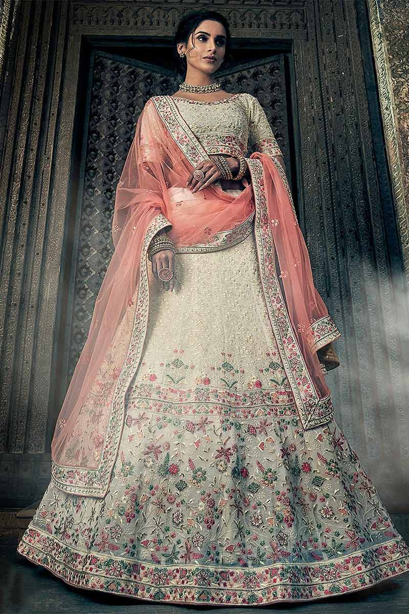 Embroidered Georgette Lehenga in Off White : LAV72