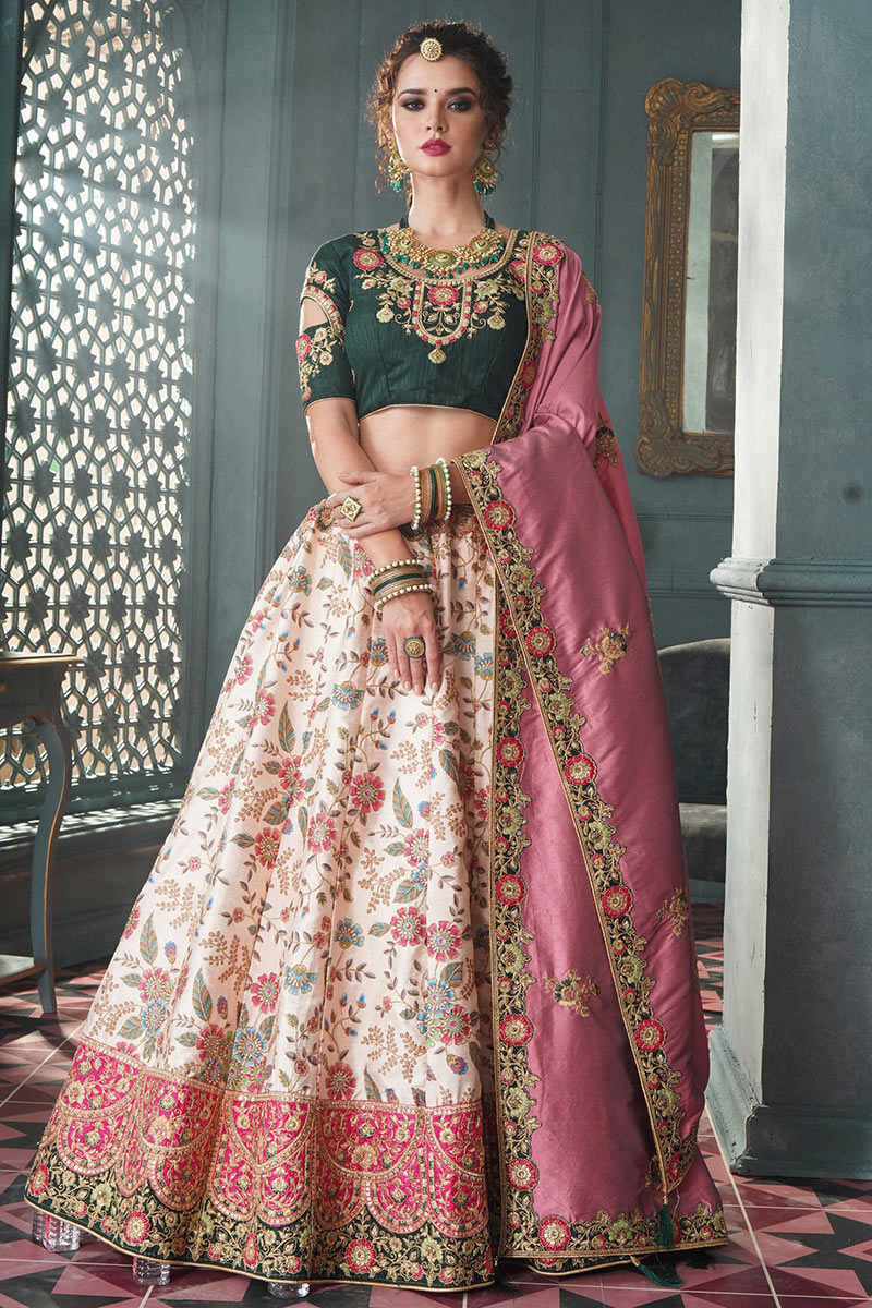 Ivory Silk Printed Panelled Lehenga