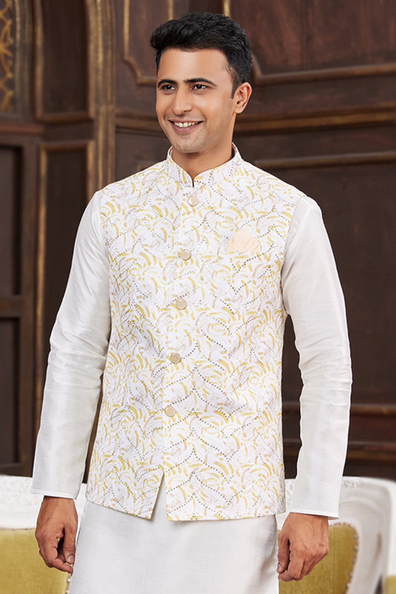 Ivory Straight Cut Printed Art Silk Men's Waist Coat 